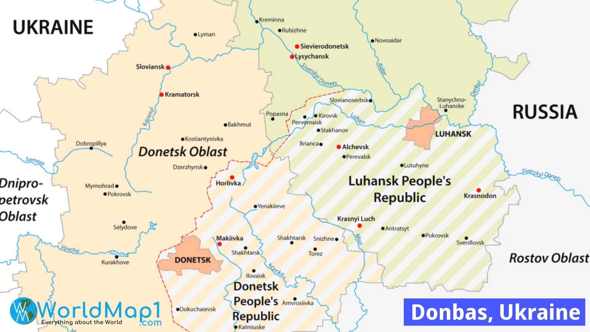 Detaillierte Donbass-Karte Ukraine und Russland